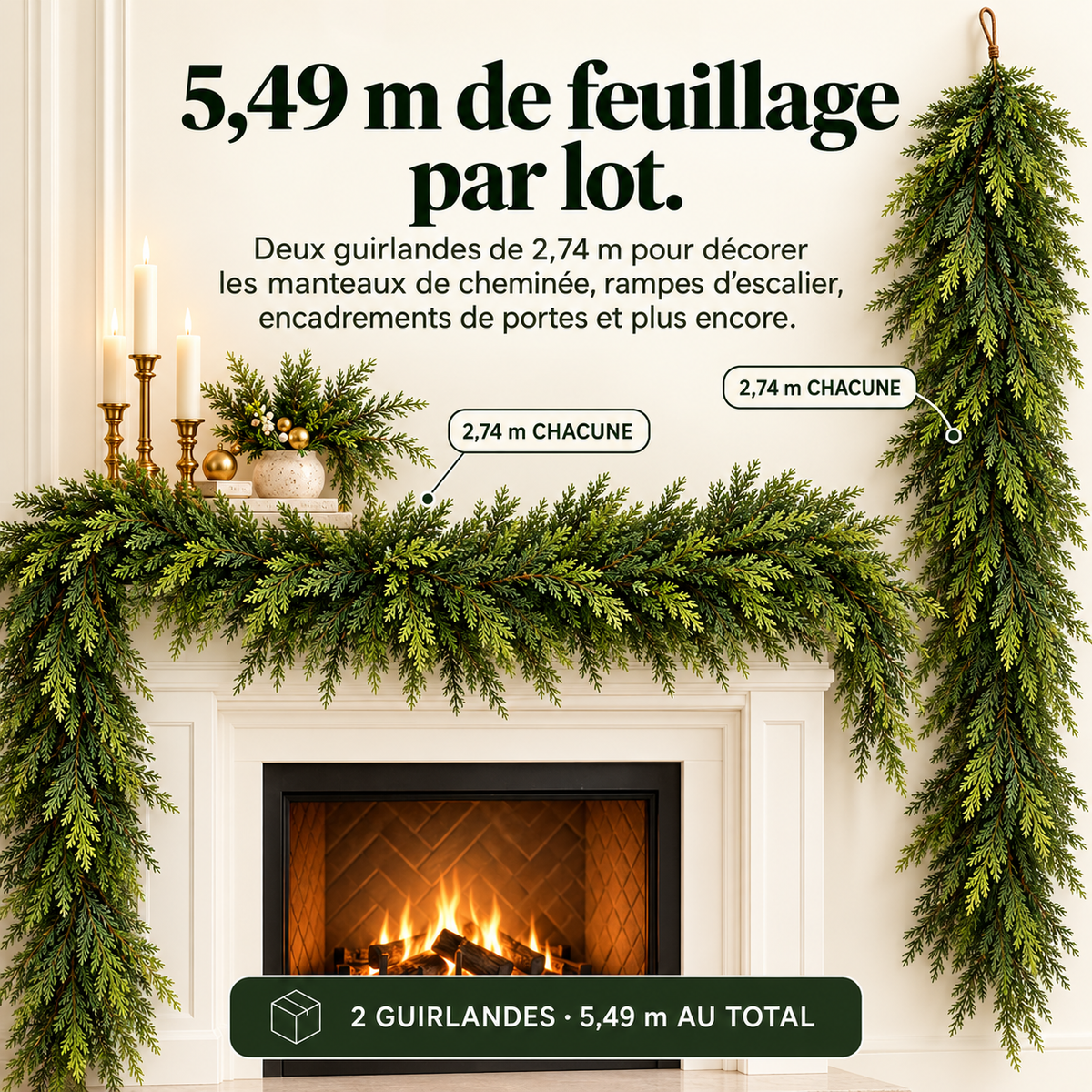Guirlande de Noël Artificielle Réaliste 2,70 m pour Cheminée et Escalier – Lot de 2, 3 ou 4